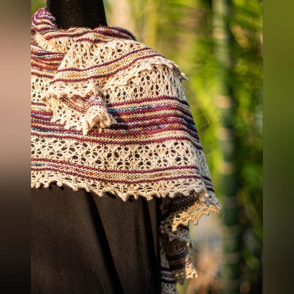 SOLD Hand Crafted OOAK Classic Wool Striped Lace Knit Scarf White Purple - Picture 5 of 9